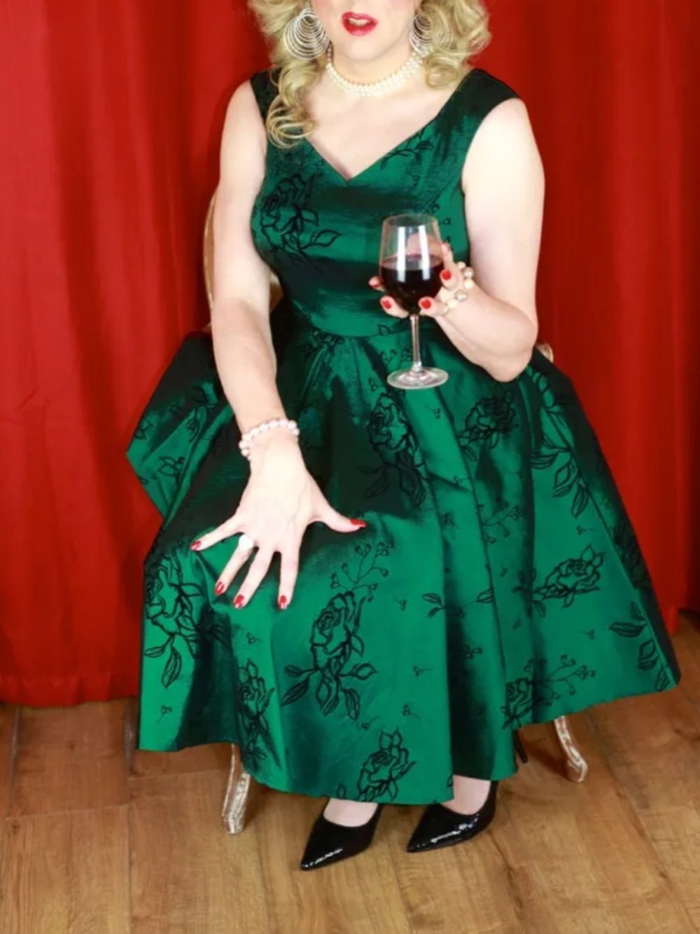 Voodoo Vixen Green Floral A-Line Dress Retro 60s Pocket Flare Metallic XL NWOT